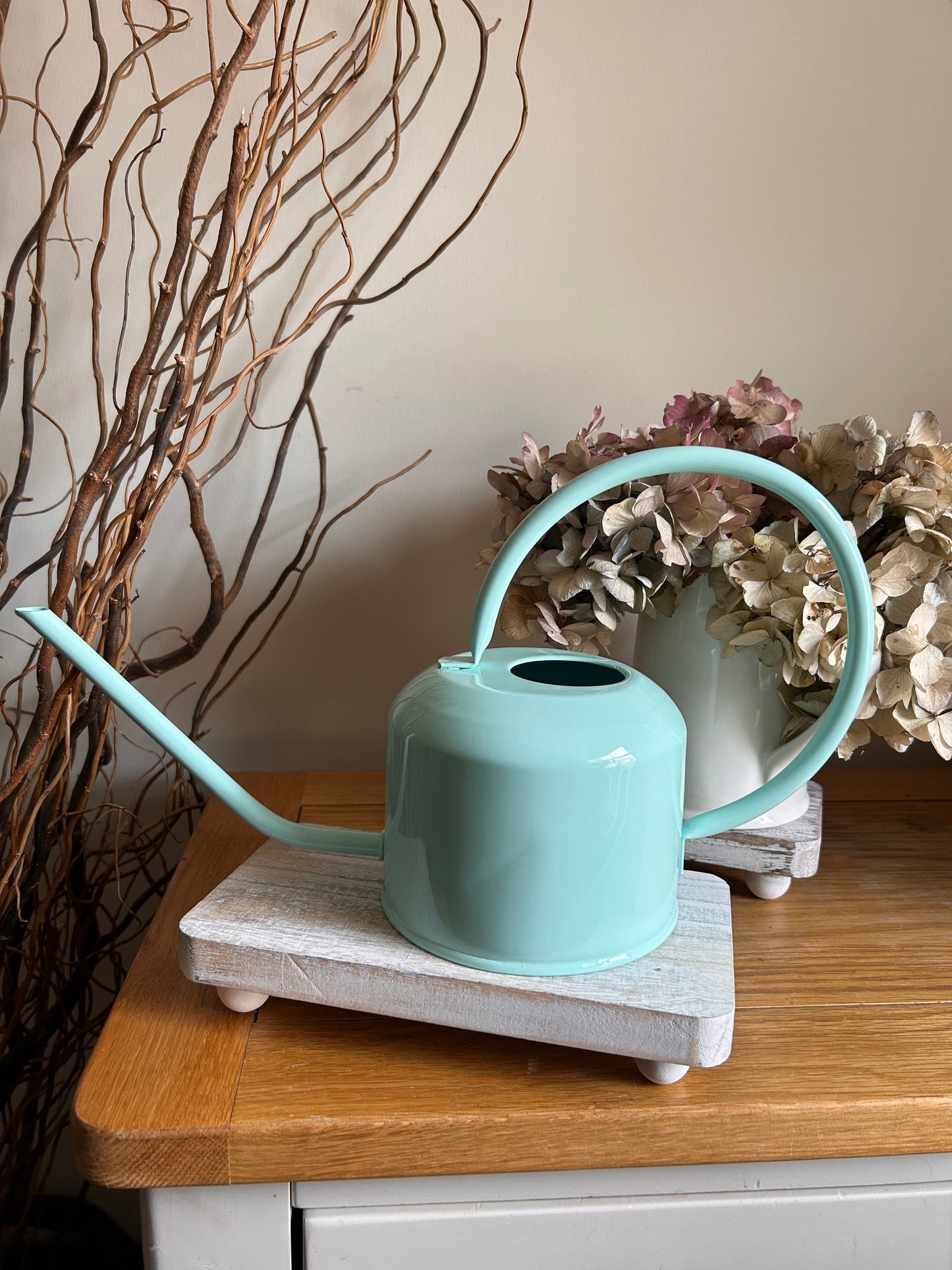 A Turquoise blue 1ltr enamel metal watering can indoor houseplants retro classic style