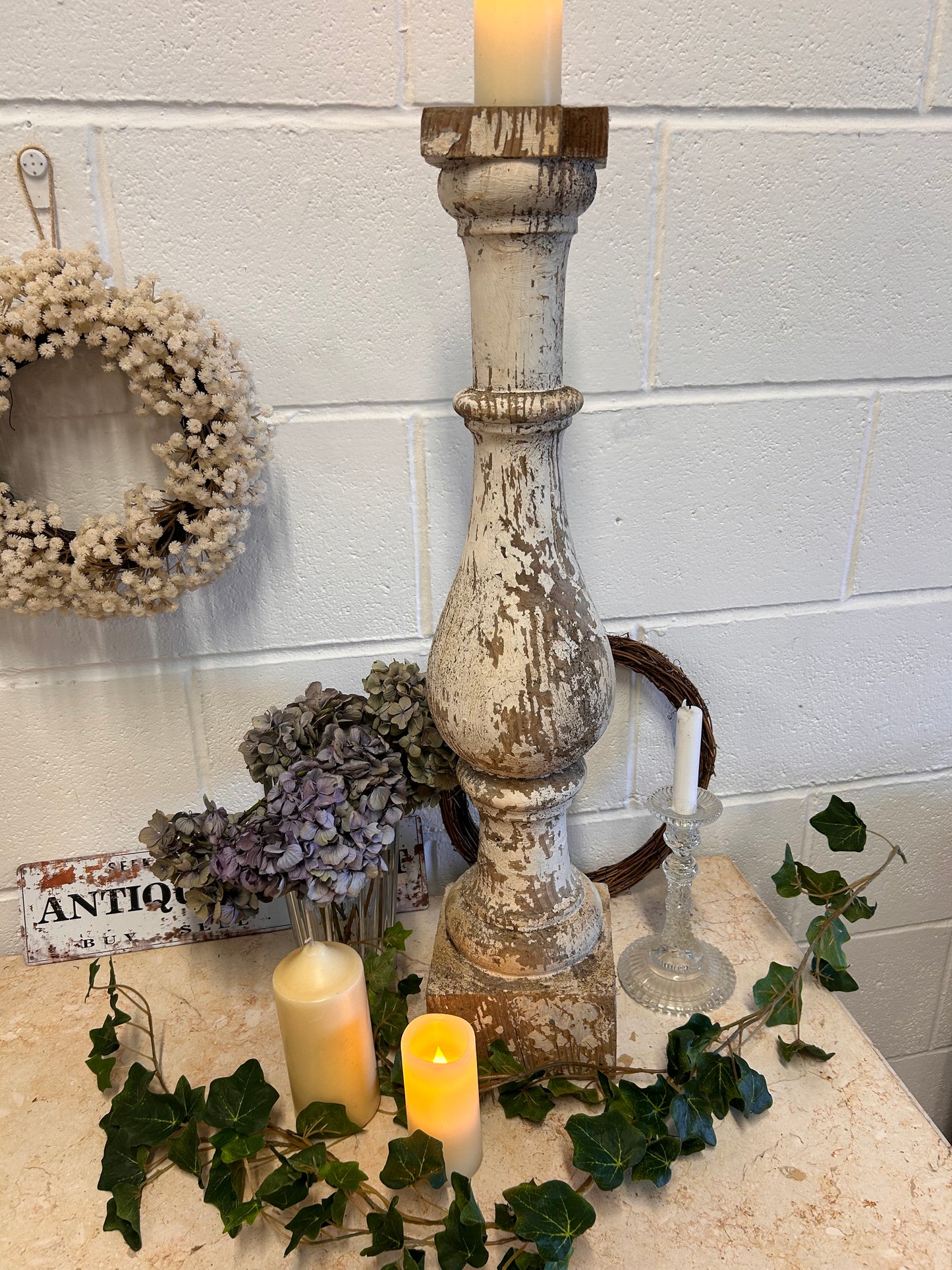 White Shabby French 19thC Salvaged balistrail original paint repurposed candle stand