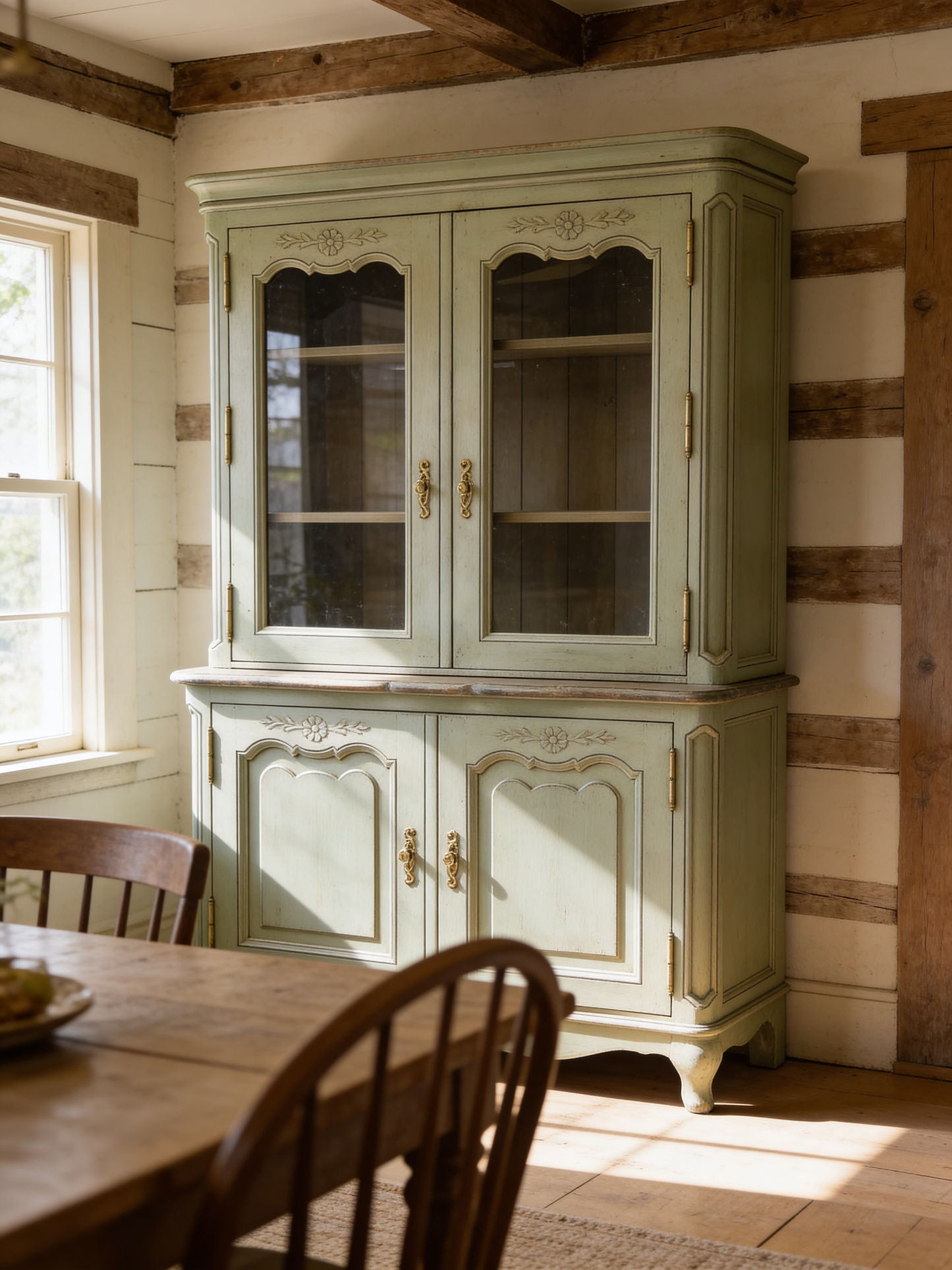 Stunning Vintage French Painted Pine cabinet Glazed doors carving shelves cabriole legs