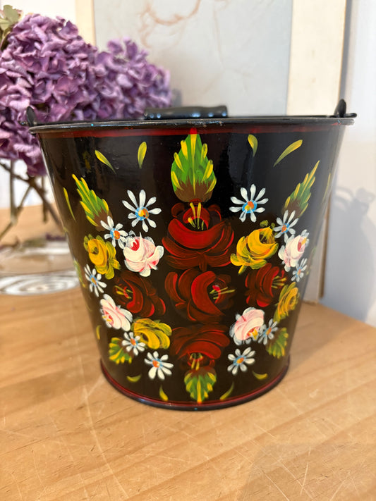 Vintage hand painted bucket design plant pot folky bargeware look