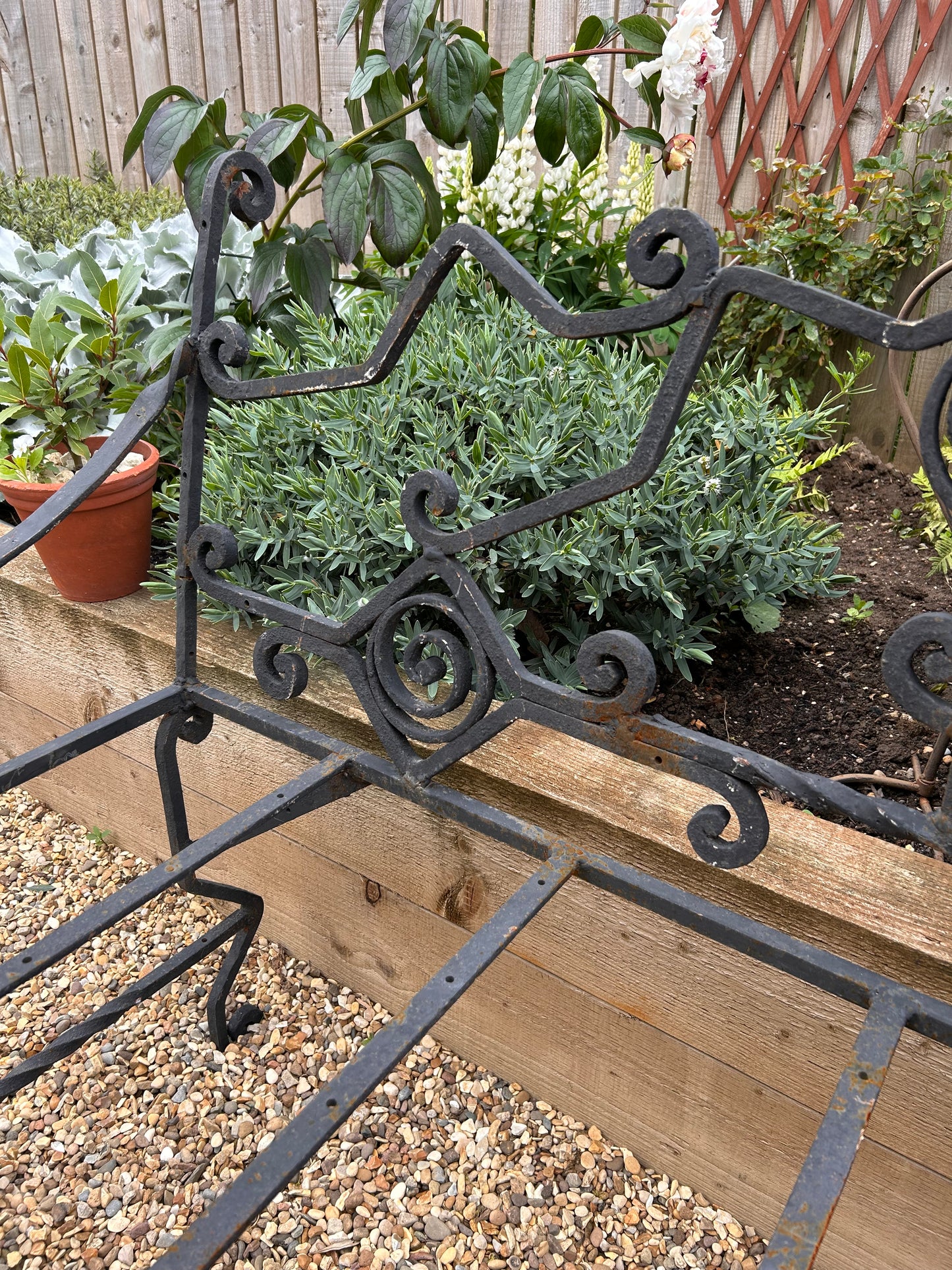 French Vintage Wrought Iron black metal bench scroll details