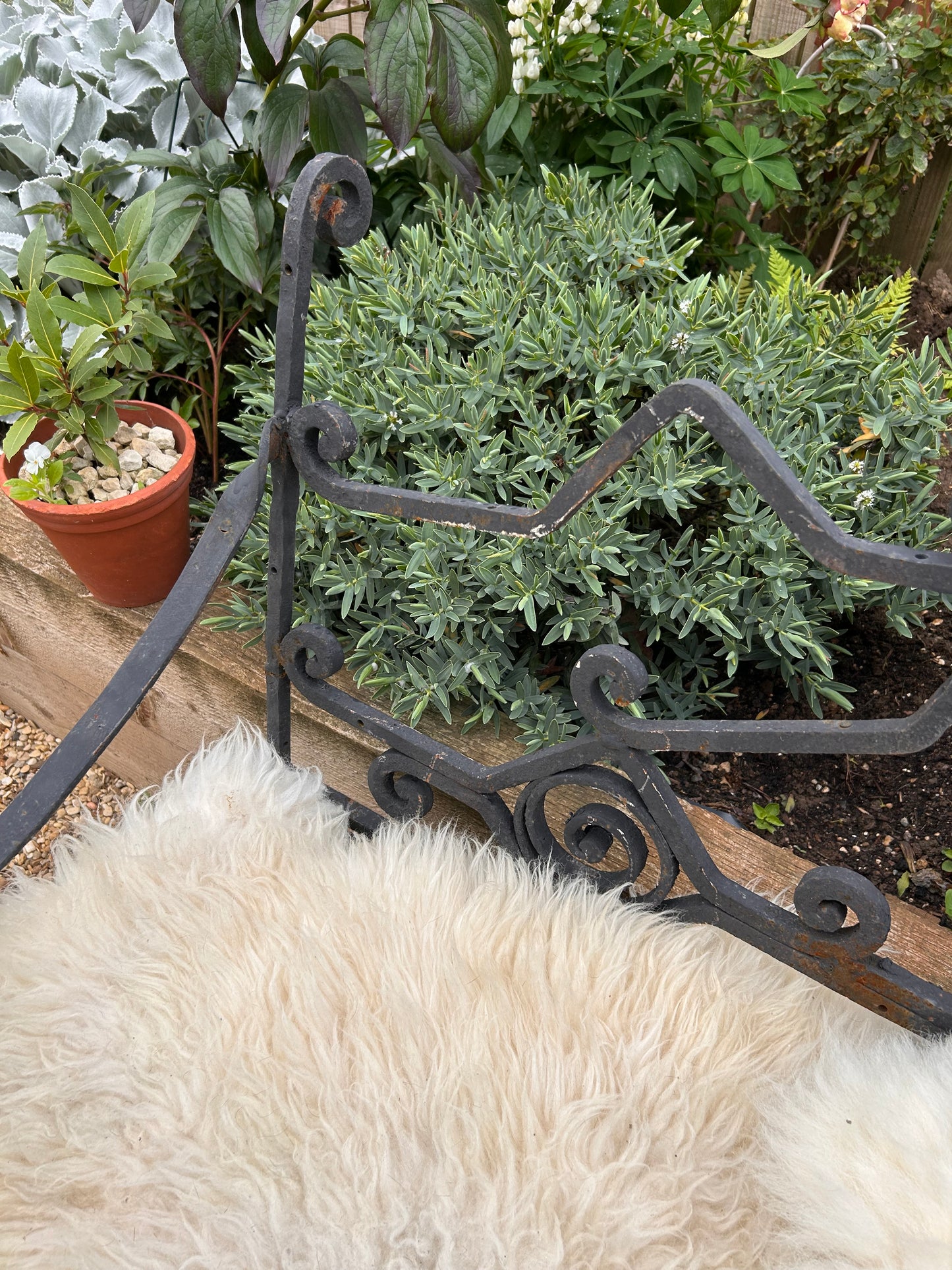 French Vintage Wrought Iron black metal bench scroll details