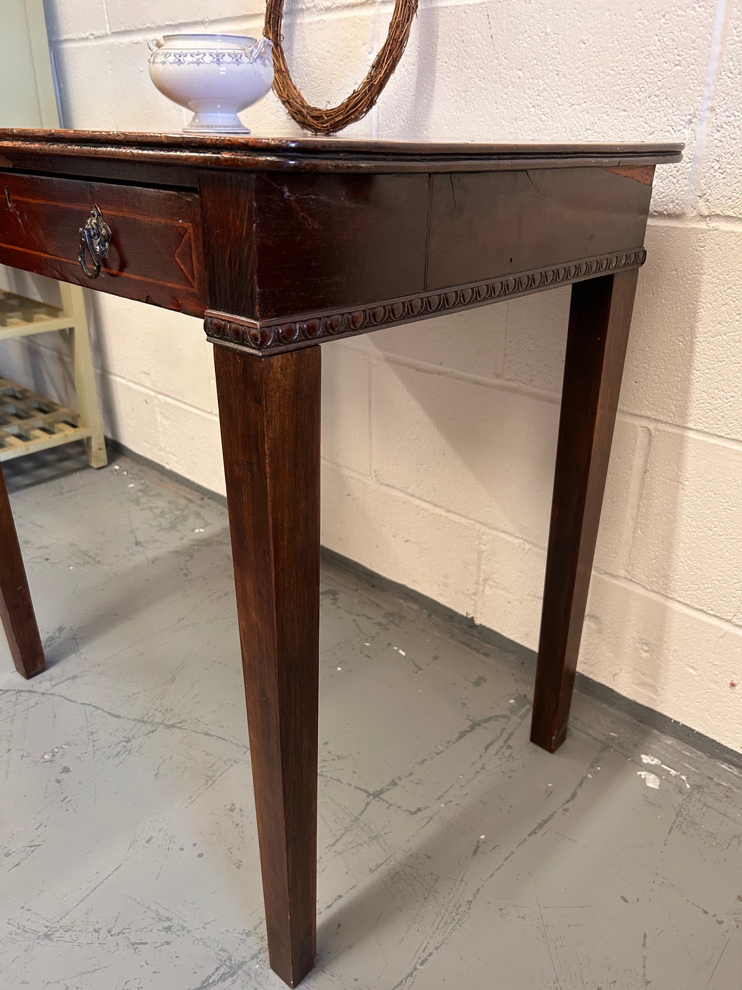 19th century inlaid mahogany country house rectangular side table with drawer.