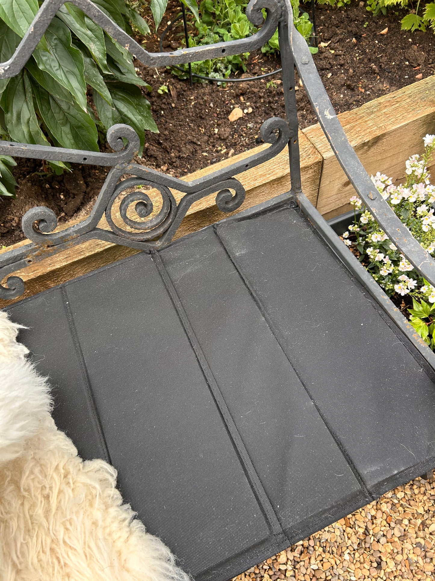 French Vintage Wrought Iron black metal bench scroll details