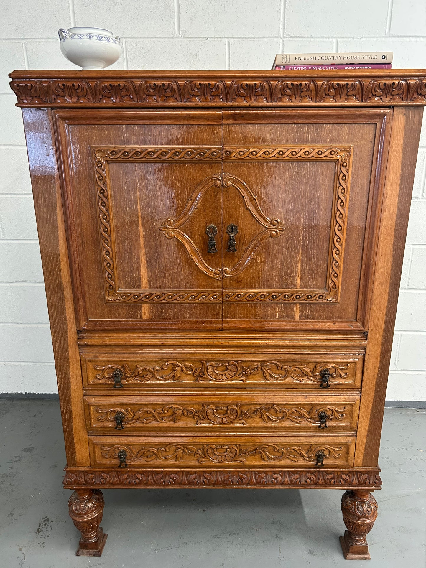 Big Vintage French Drinks cabinet with 3 drawers and mercury mirror lined cupboard