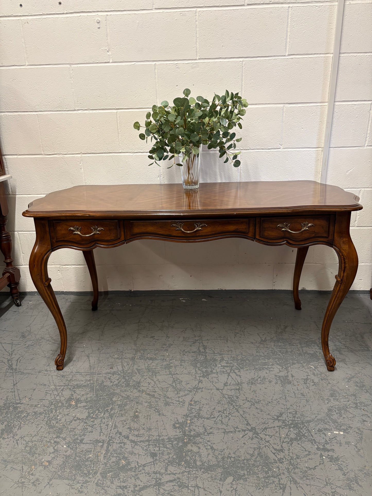 Vintage French walnut console table parquetry top & three drawers brass handles