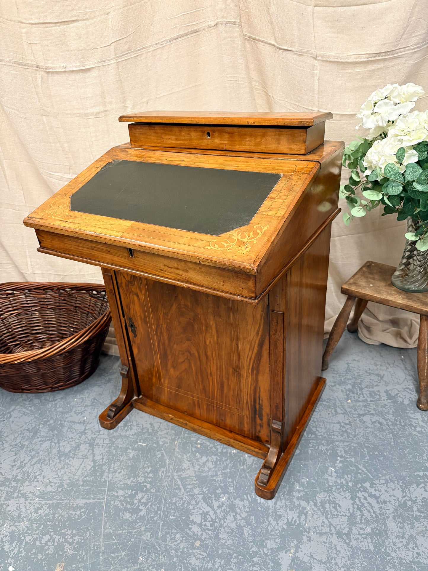 Victorian Antique Inlaid Walnut Davenport Desk - Compact Drawer Storage