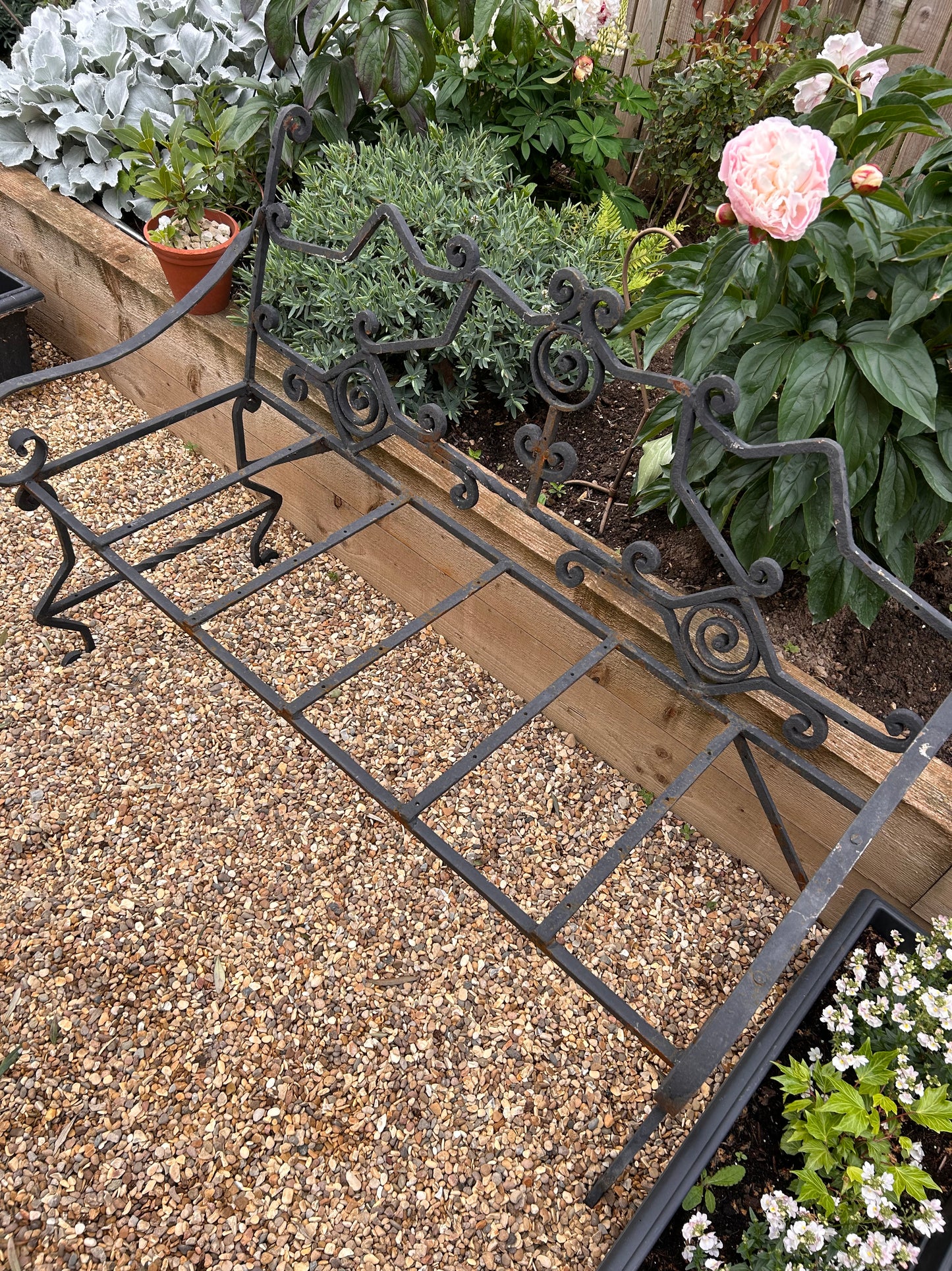 French Vintage Wrought Iron black metal bench scroll details