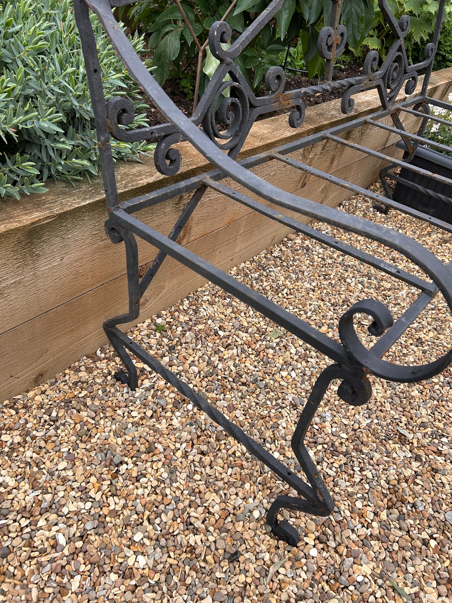 French Vintage Wrought Iron black metal bench scroll details