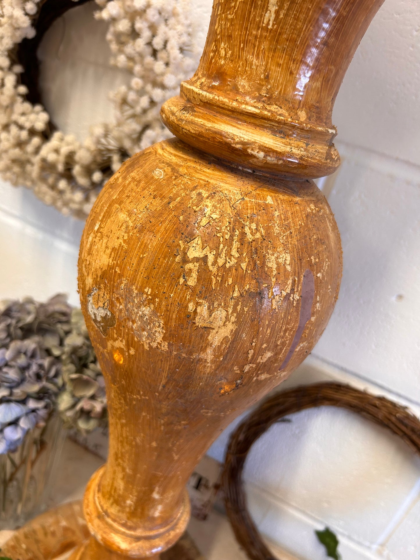 French 19thC Salvaged Shabby balistrail original paint repurposed candle stand