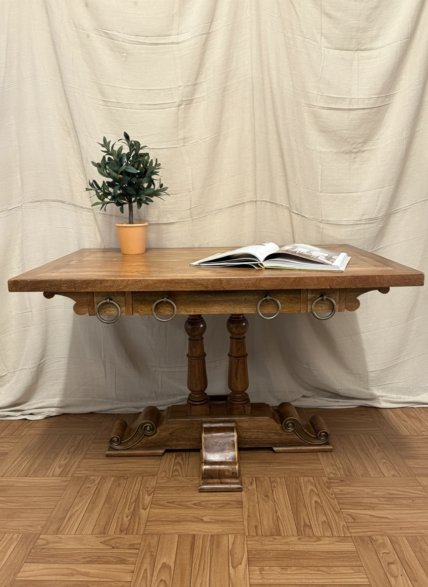 Quality made mango wood hall console table, three drawers with large hooped pulls & decorative base