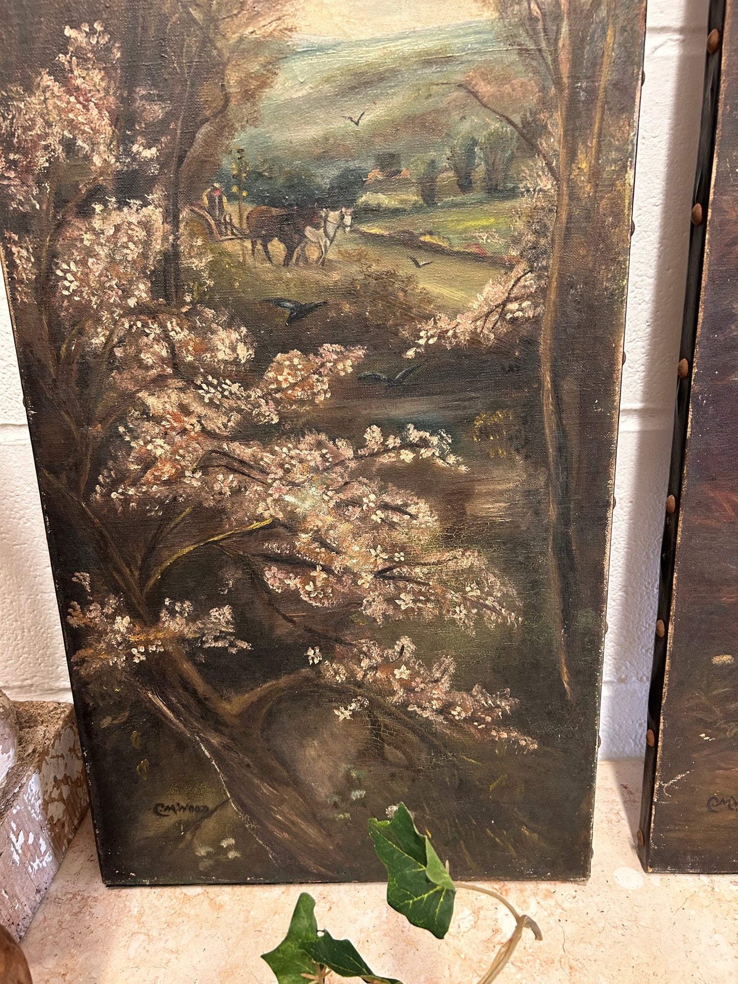 Pair of Victorian Oil on canvas paintings woodland farmland scenes by CM Wood