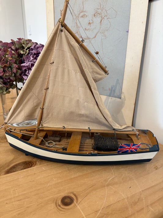 Vintage Wooden Sailing Boat Model Fabric sail Nautical Decor
