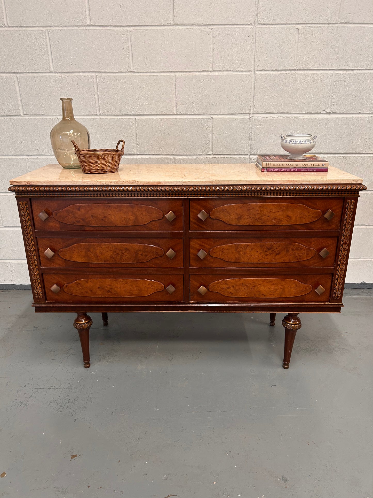 Vintage French marble topped sideboard with six drawers