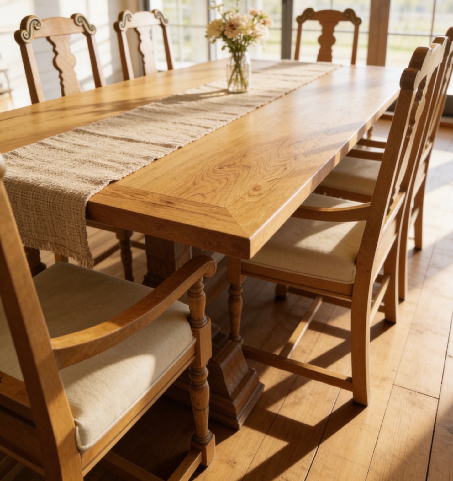 Luxury Quality mango wood dining suite, comprising a refectory dining table and 6 Chairs.