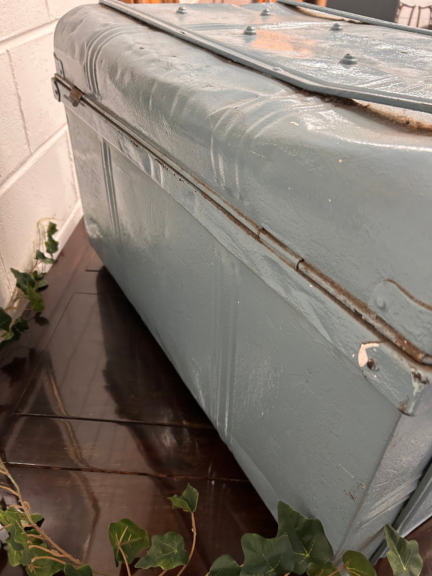 Large metal blue painted travelling trunk great coffee table or storage 