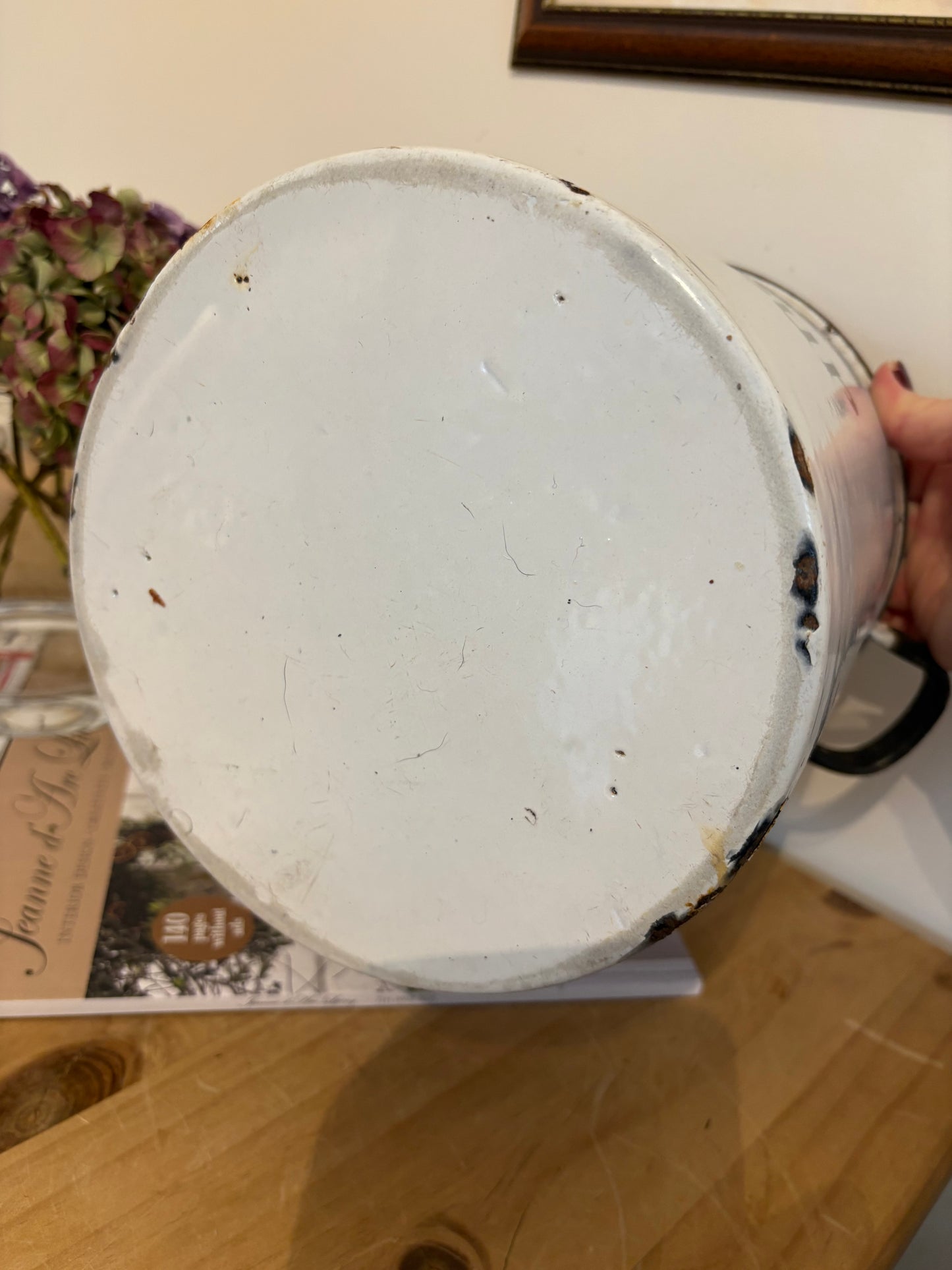 Old White Enamel Vintage Flour tin bin canister kitchen storage decor