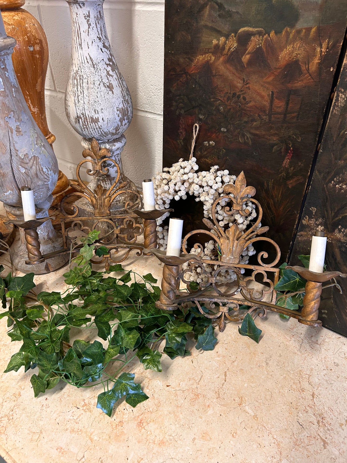 Reclaimed Antique Gilt Metal Wall Sconce lights Decorative design candle holders