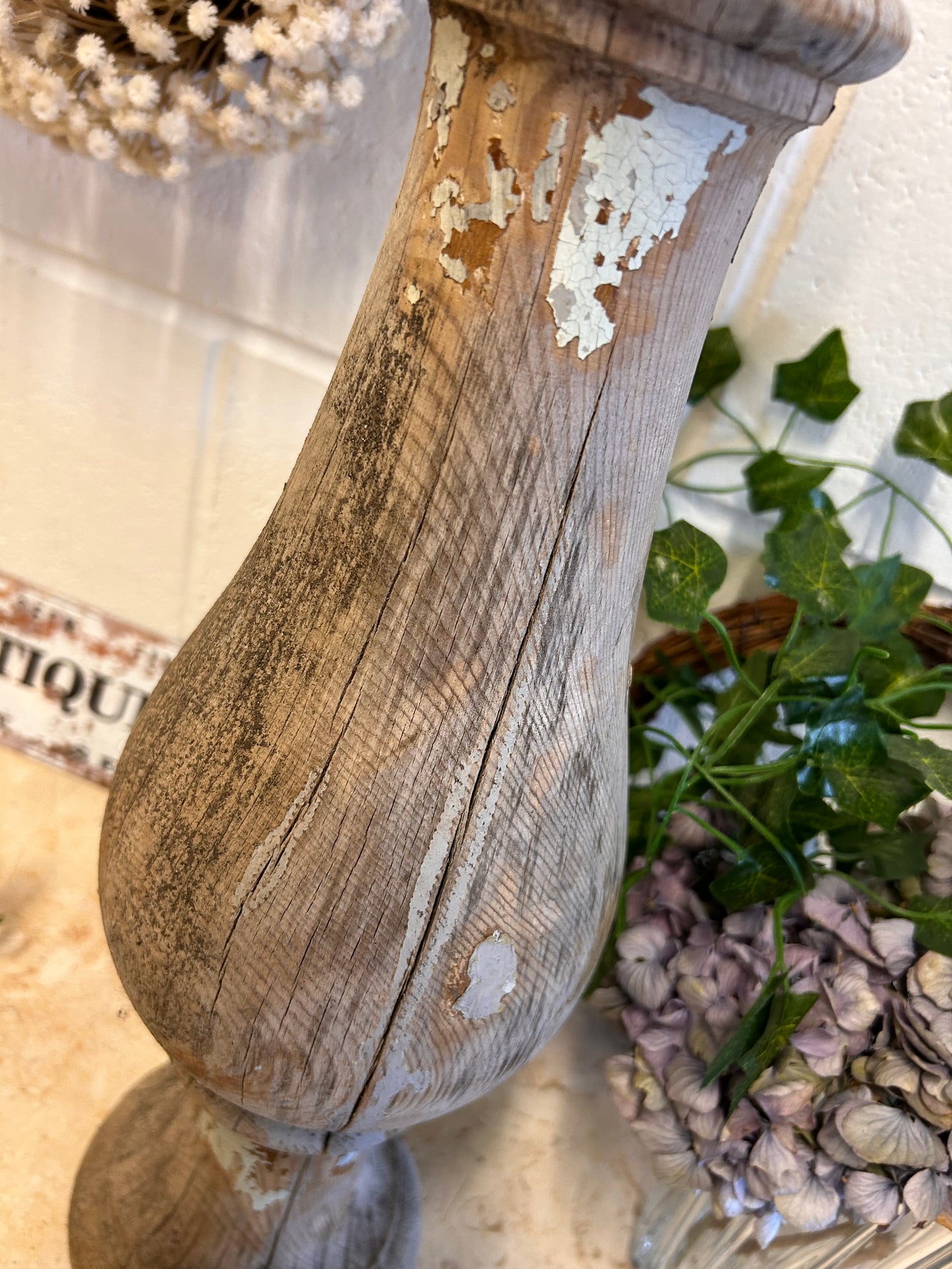 Grey Shabby French 19thC Salvaged balistrail original paint repurposed candle stand