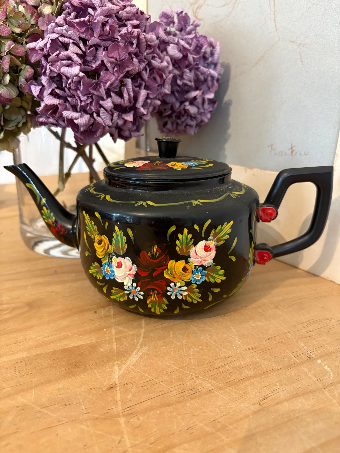 Vintage hand painted metal teapot folky colourful bargeware look