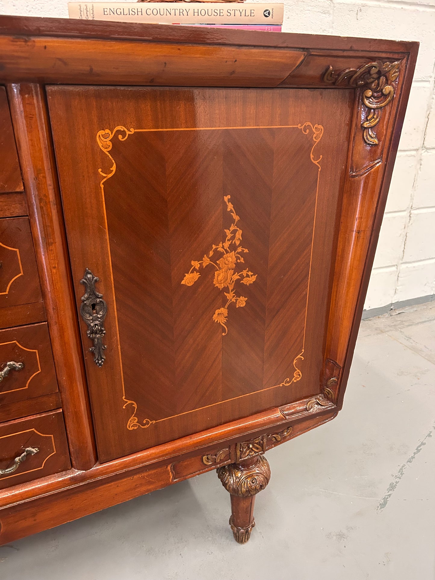 A Vintage French Inlaid sideboard with 4 drawers and 2 cupboards