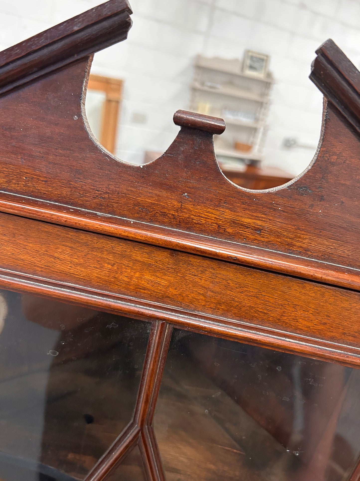 An Edwardian mahogany corner wall cabinet with a glazed front great condition