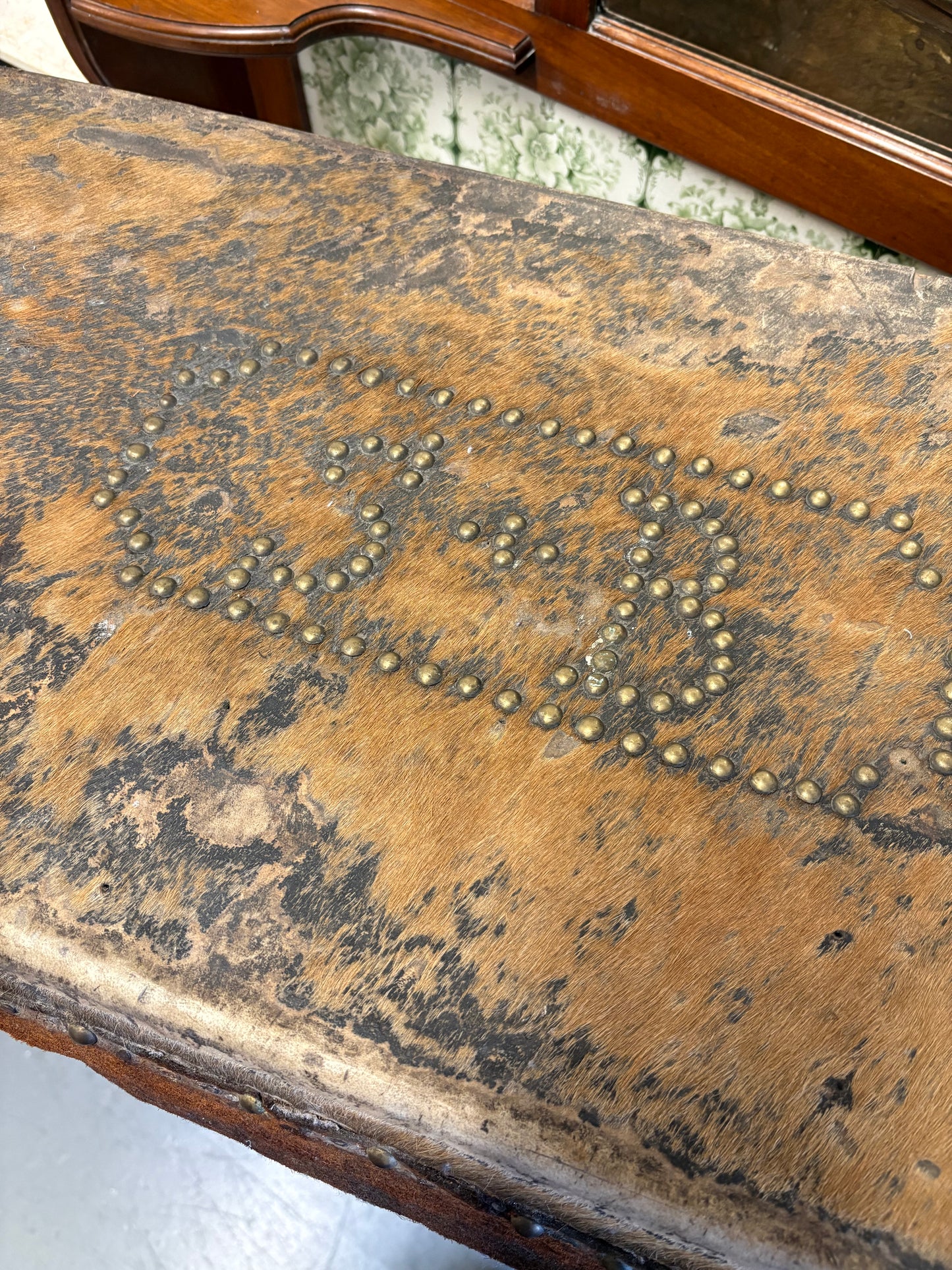 Rare Irish 19th Century Hide covered trunk Stud detail SB Initial