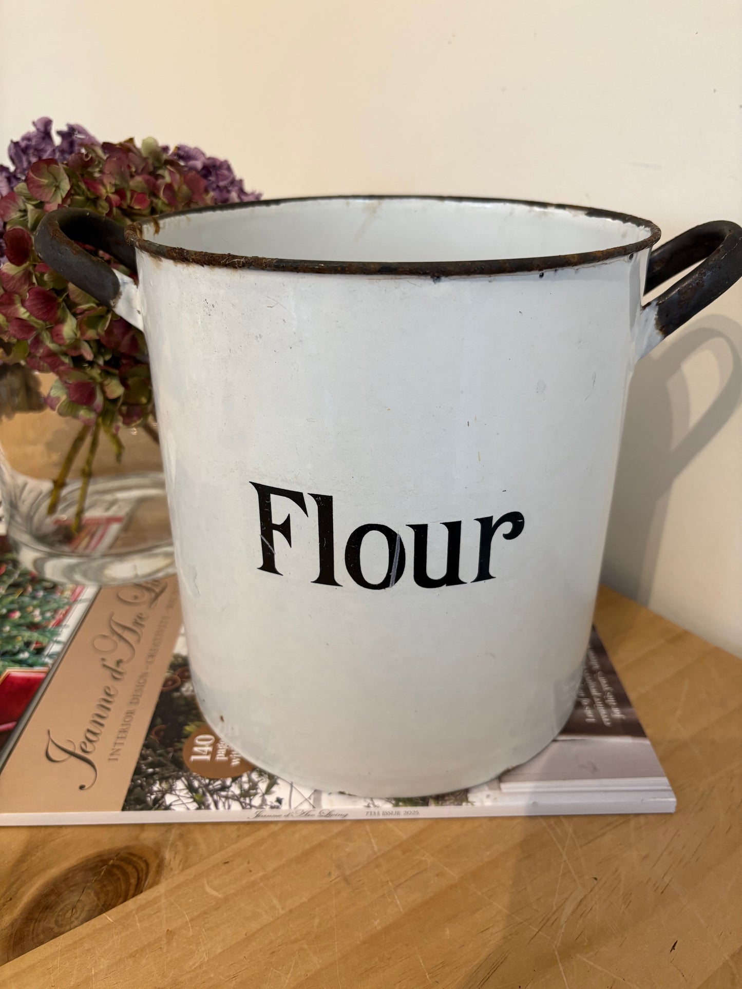 Old White Enamel Vintage Flour tin bin canister kitchen storage decor
