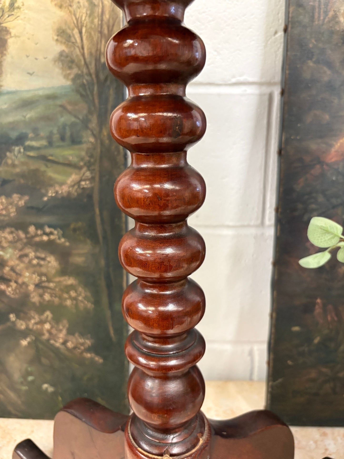 19th century mahogany oval topped occasional table on bobbin support and tripod legs