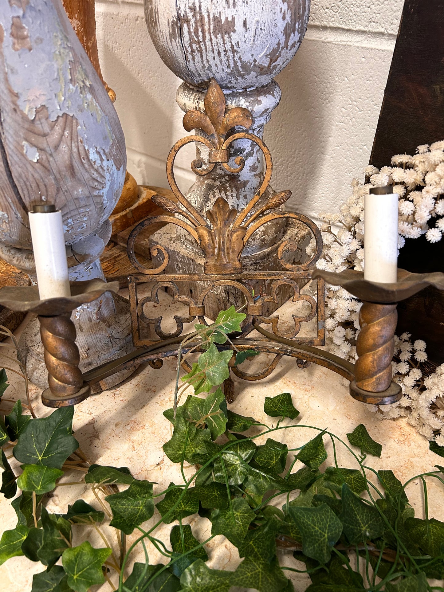 Reclaimed Antique Gilt Metal Wall Sconce lights Decorative design candle holders