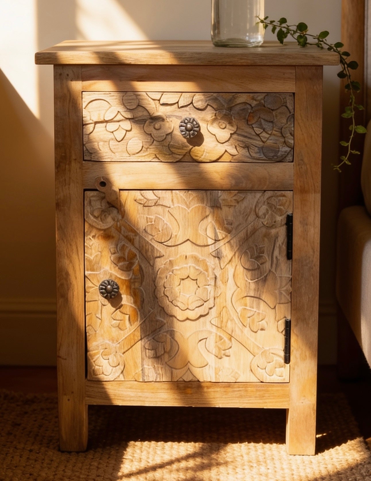 Carved Wooden Decorative Bedside Table Cabinet Light Wood