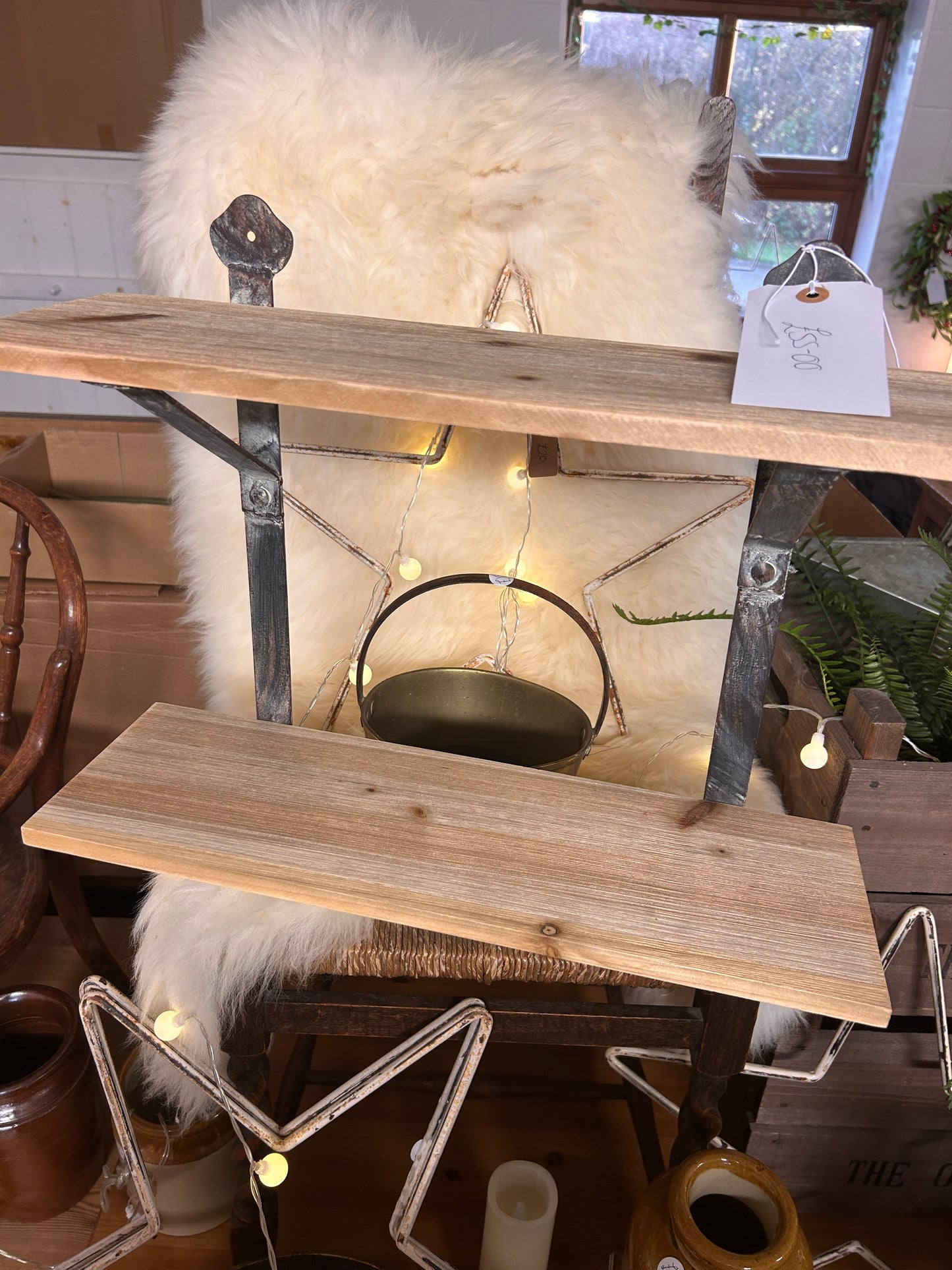 Solid wood and metal vintage style 2 shelf wall unit