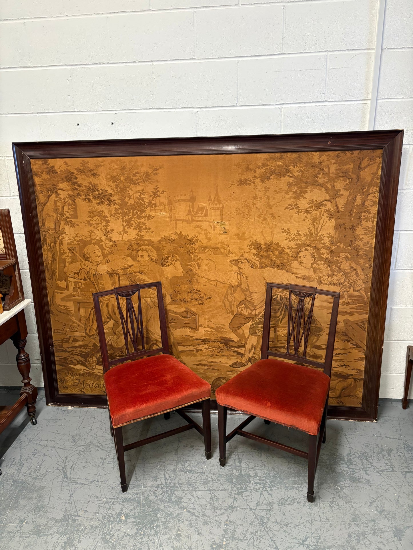 Impressive Large Decorative French tapestry in a Black Painted Frame