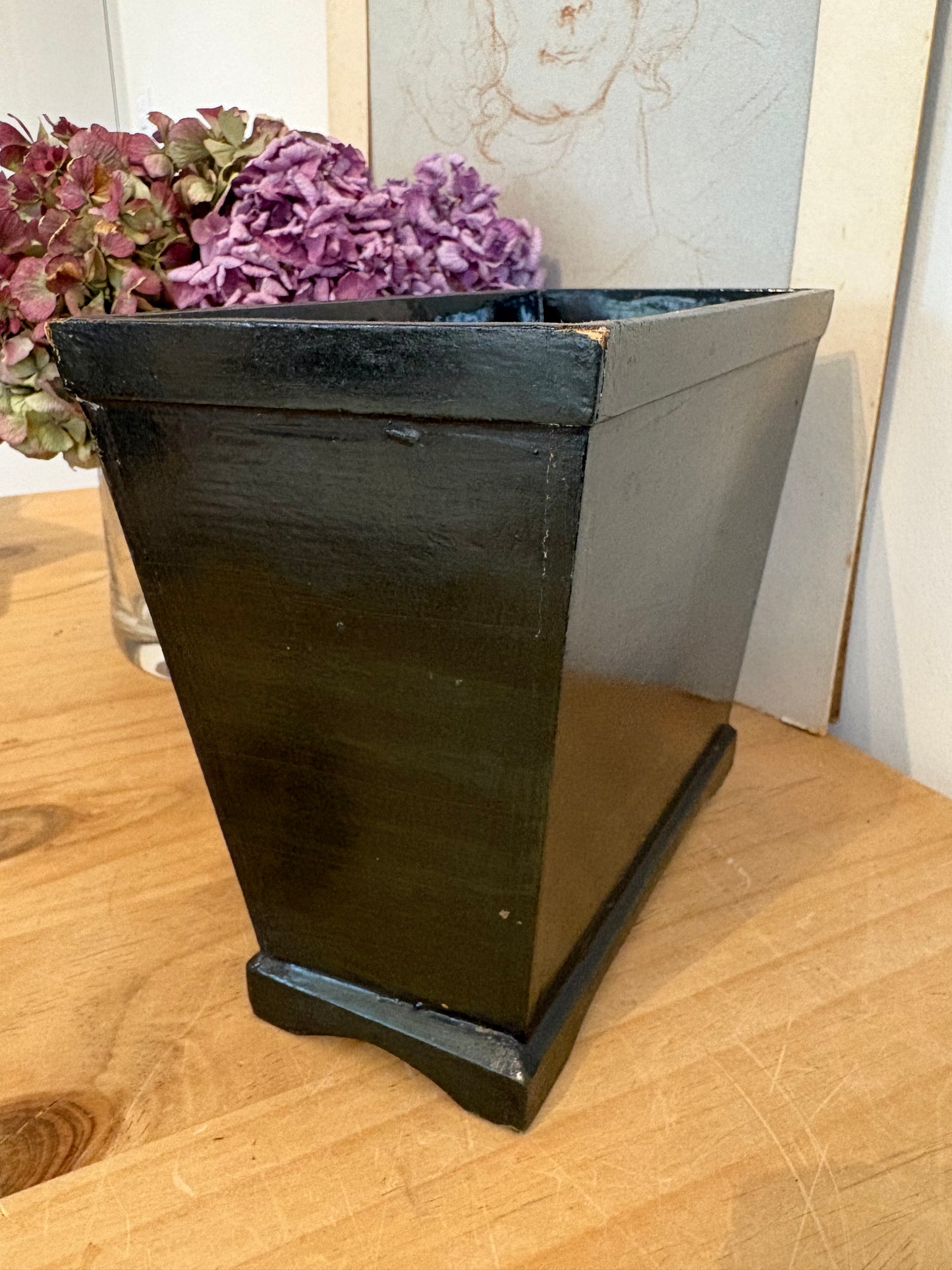 Vintage hand painted fruit design wooden trough faux flowers plants