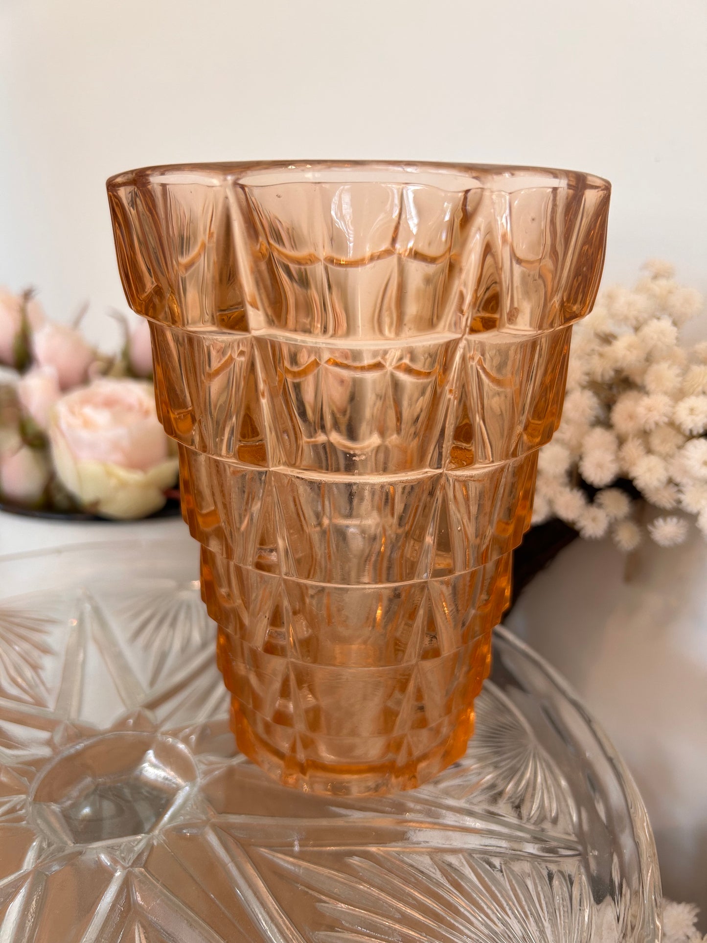 Pretty vintage Decorative pressed glass amber vase
