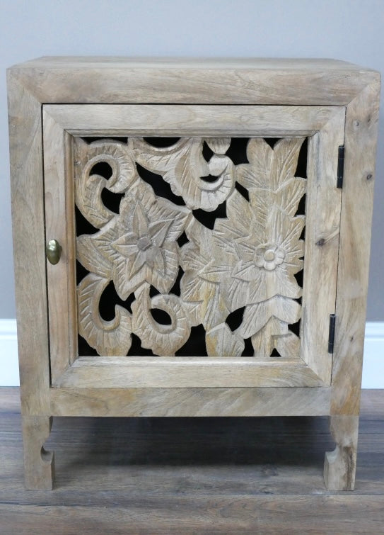 Decorative Carved Solid Wood Bedside Table cupboard storage