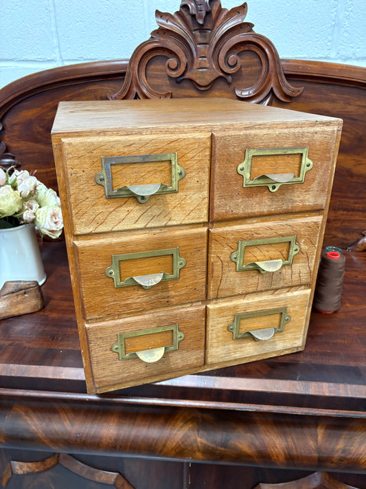 Antique 6 drawer Light Oak wood Library Filing Index drawers