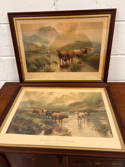 Pair of large framed vintage prints Sunrise & Sunset in the Highlands