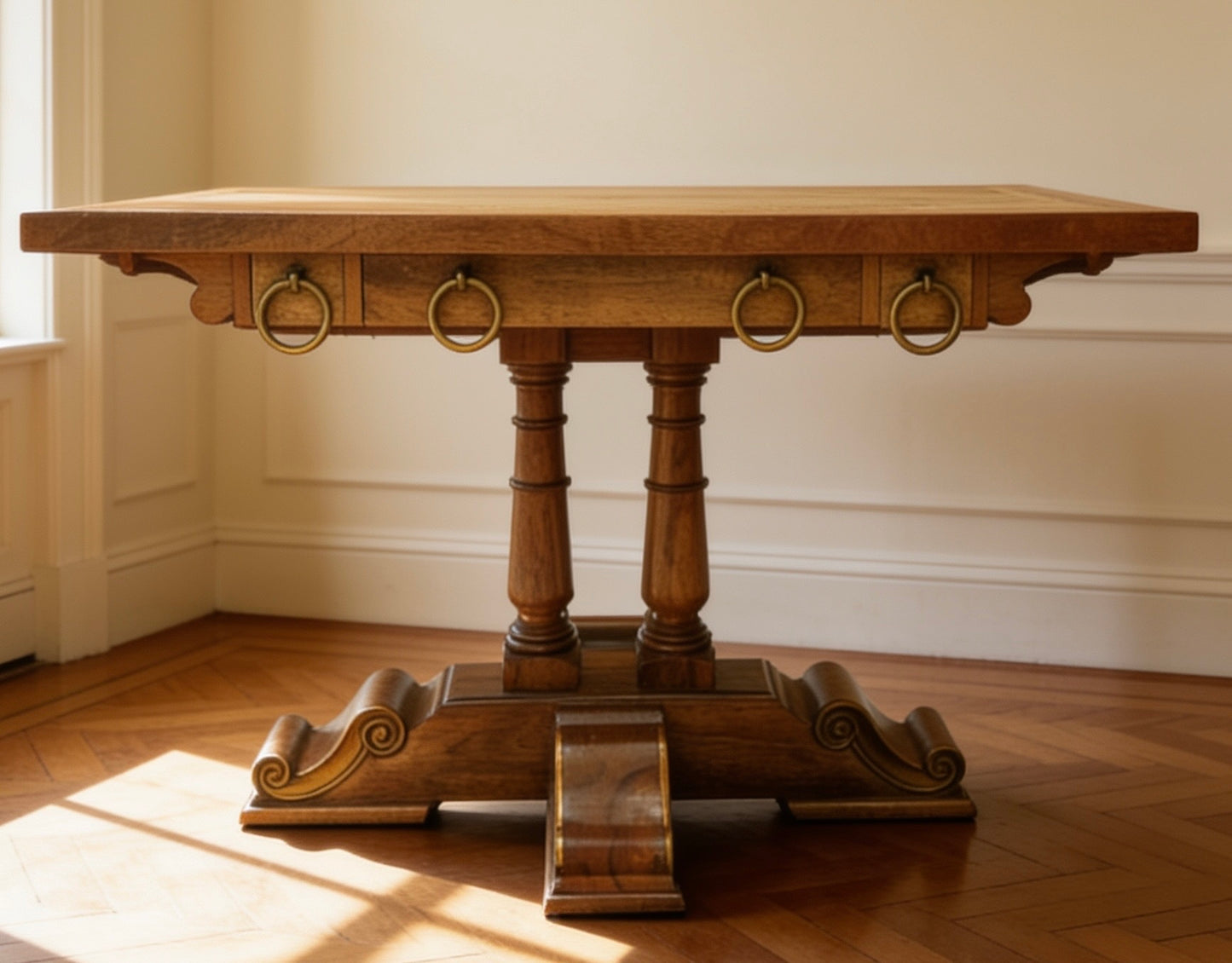 Quality made mango wood hall console table, three drawers with large hooped pulls & decorative base