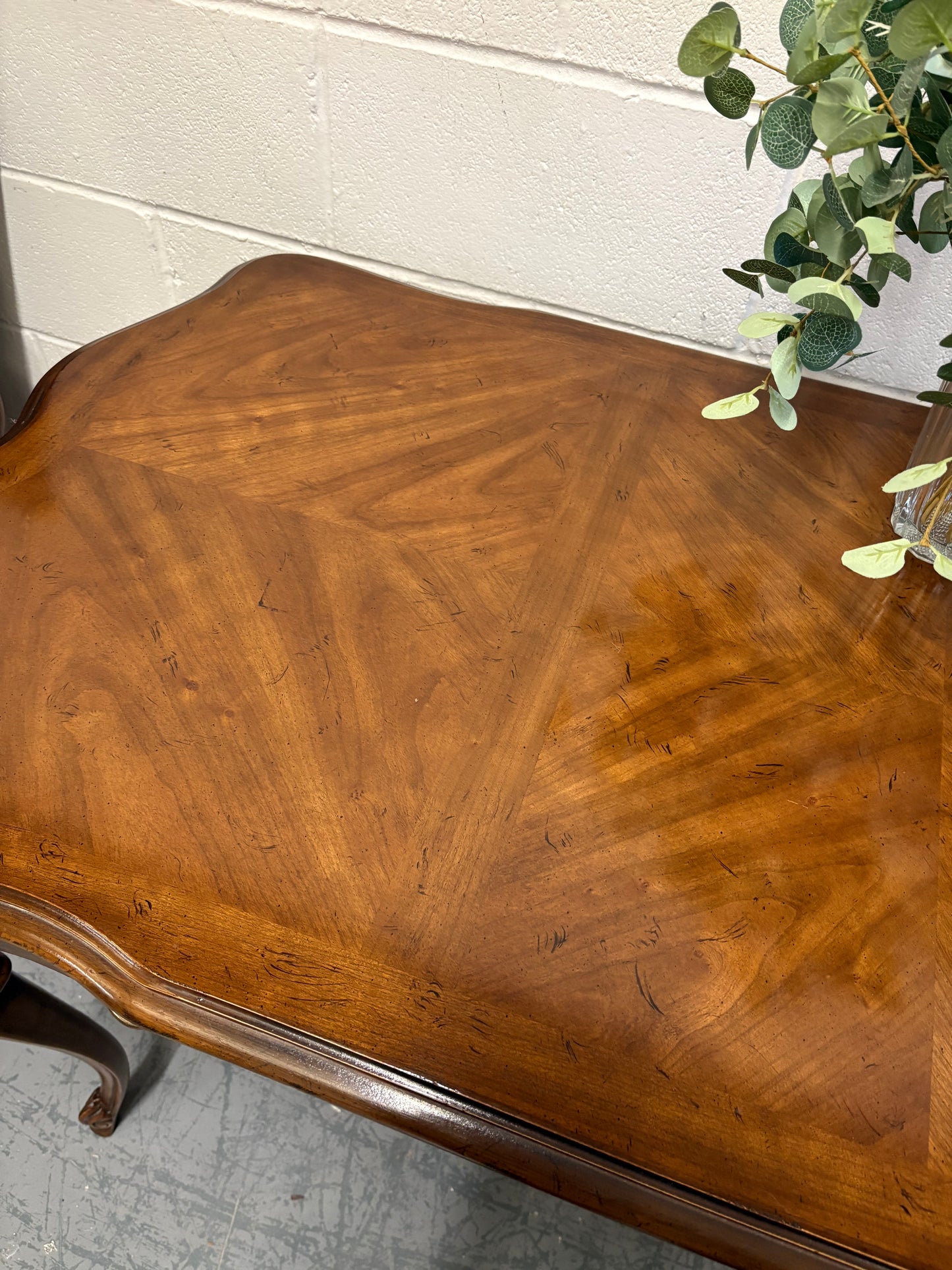 Vintage French walnut console table parquetry top & three drawers brass handles
