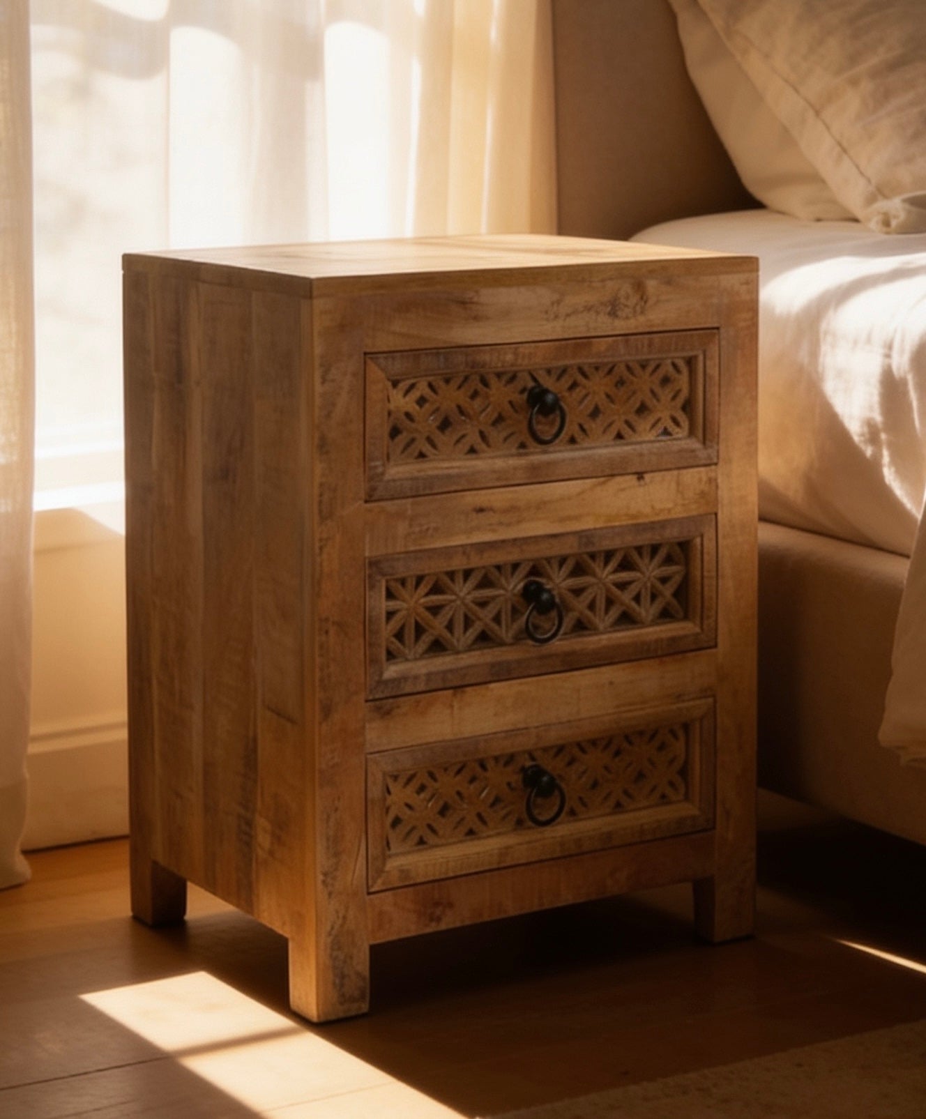 3 drawer Wooden bedside cabinet with carved decorative drawer fronts