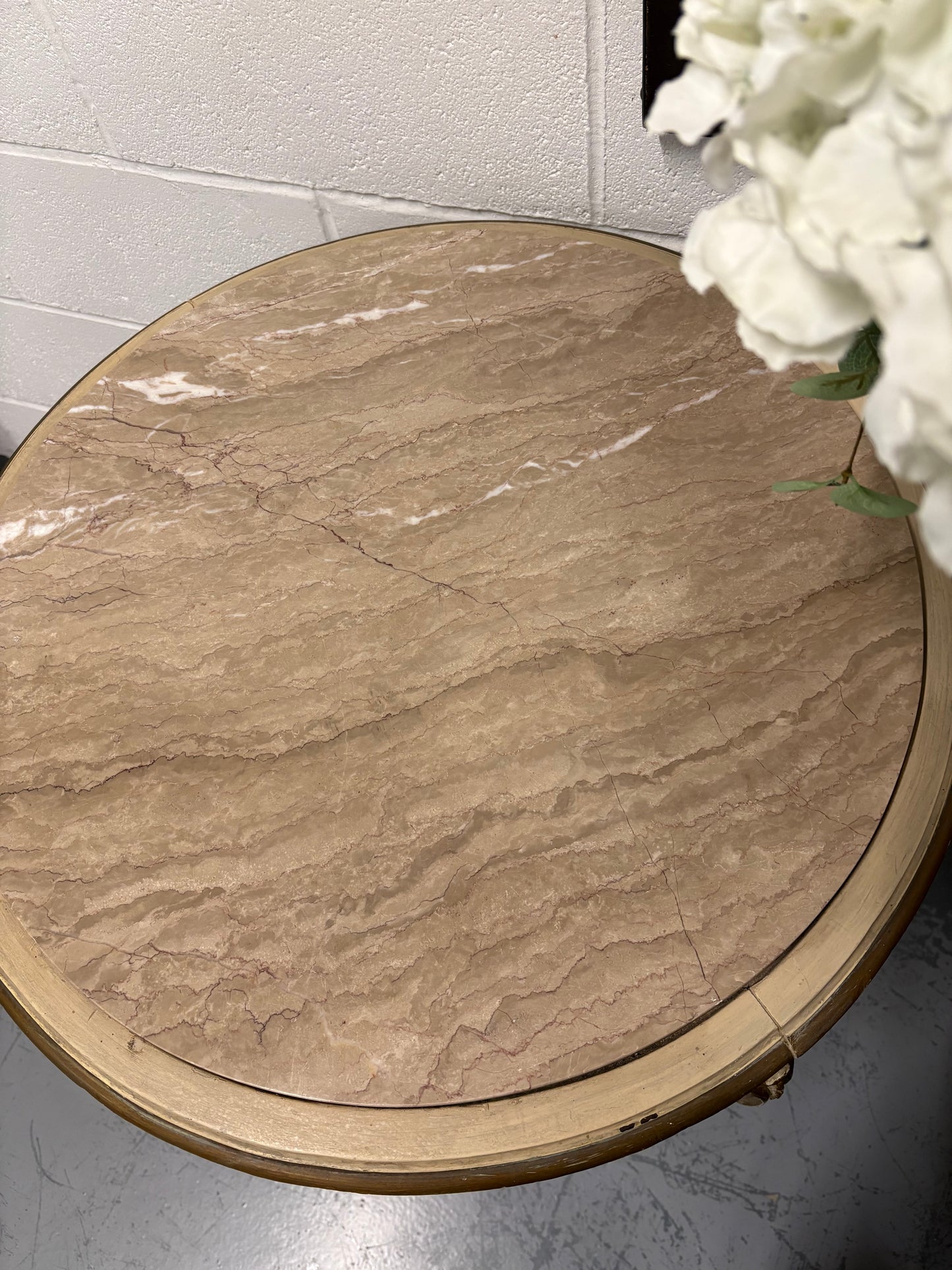 Vintage French Louis XVI round marble top table Cream Gold with Rattan undershelf