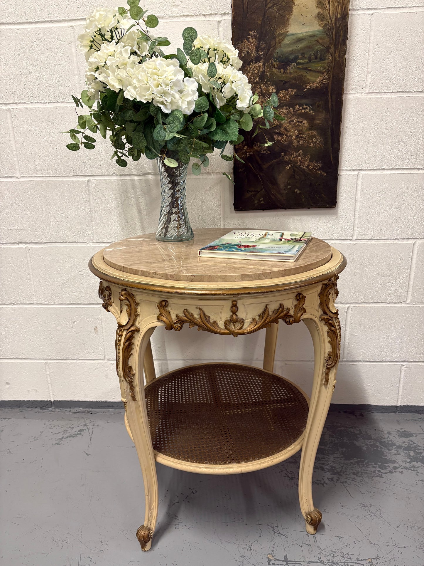 Vintage French Louis XVI round marble top table Cream Gold with Rattan undershelf
