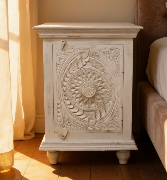 White Wooden Bedside Cabinet in an Eclectic Bohemian  Style
