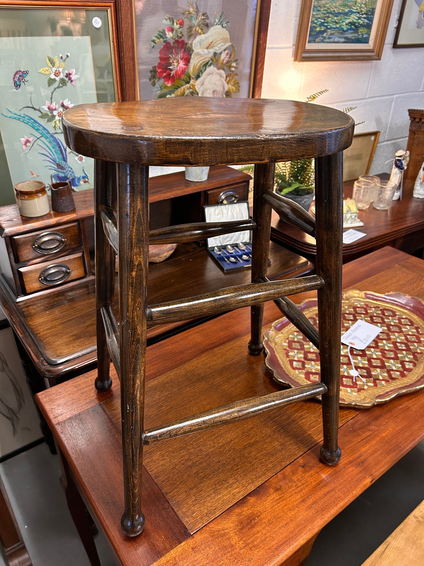 Antique Oval Dark Oak wood stool solid great condition two available