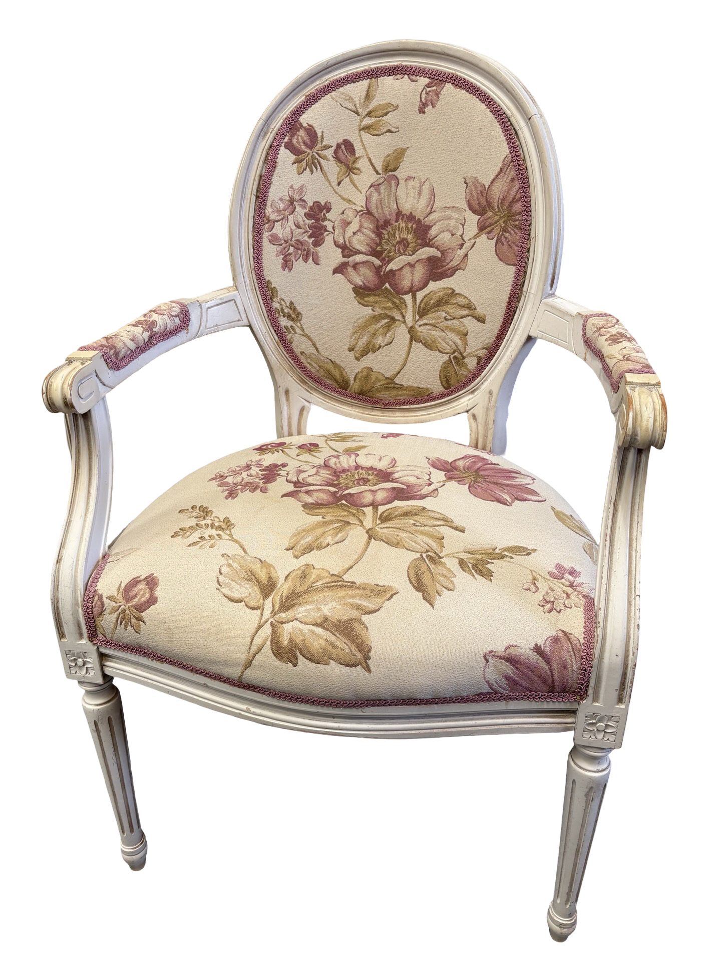 Oval back French Louis Style white painted vintage floral bedroom chair