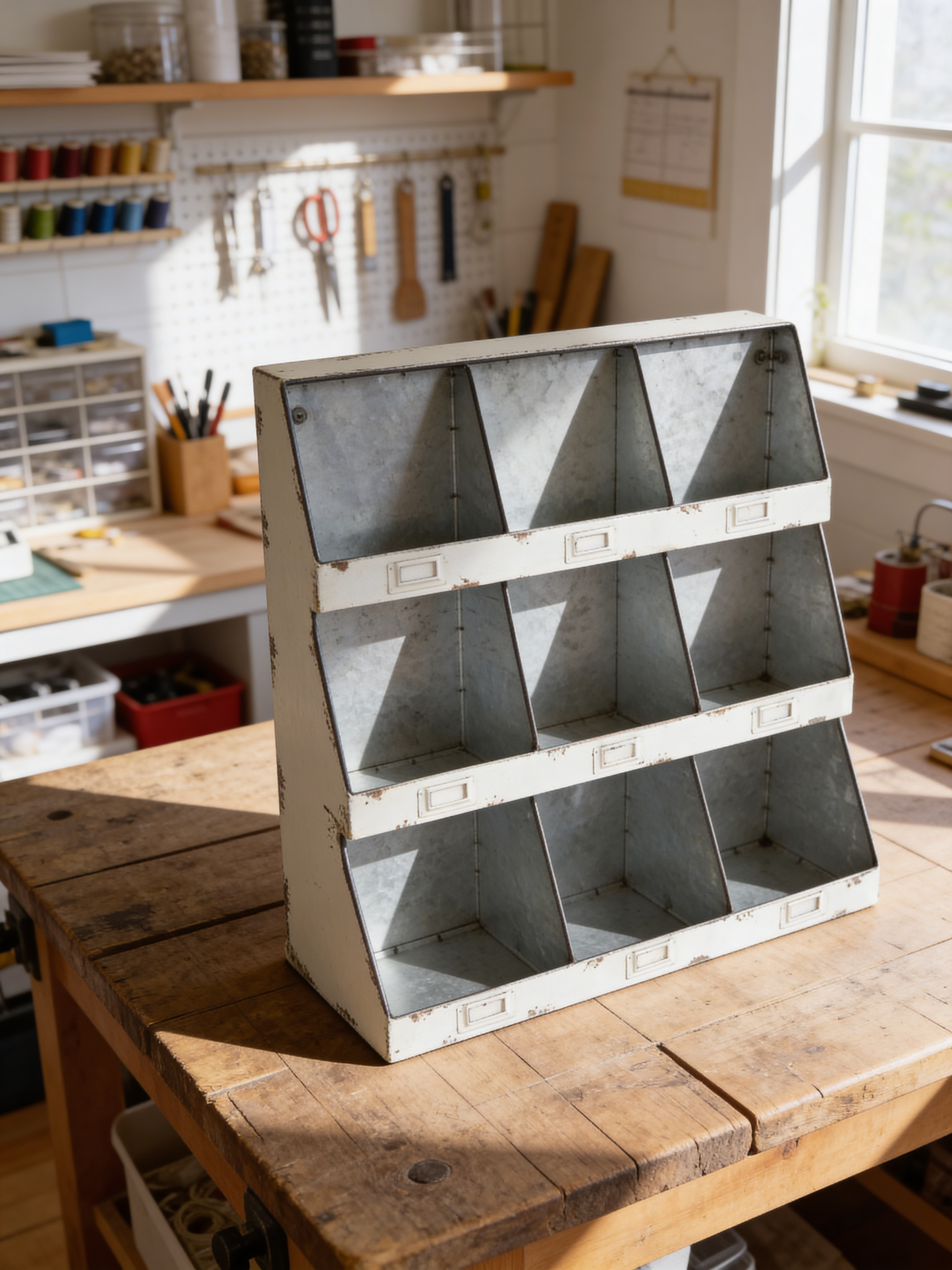 Sectioned metal white painted Industrial Storage wall unit Craft Shed Kitchen