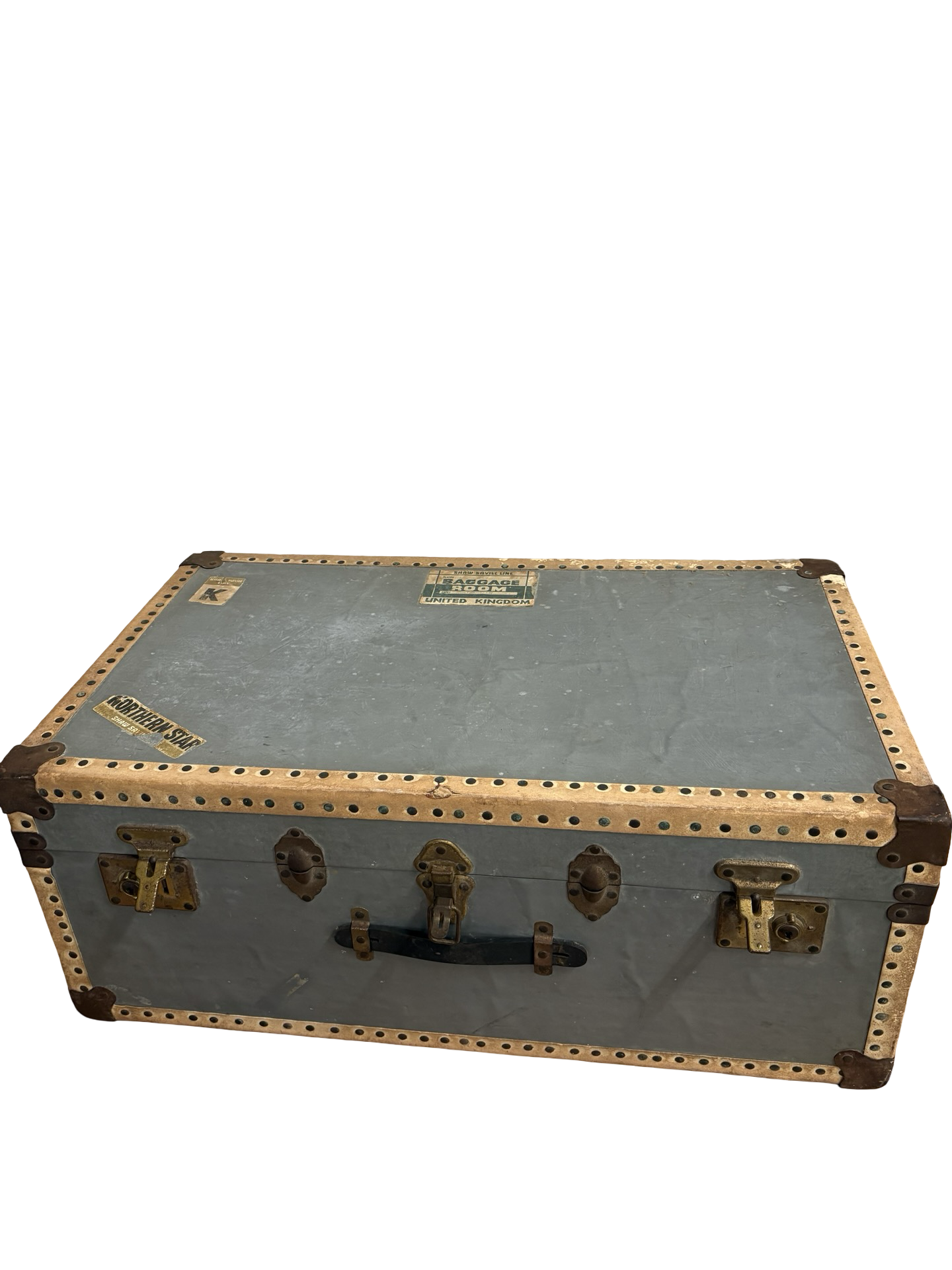 Vintage travel trunk with old labels fab coffee table / storage clean inside