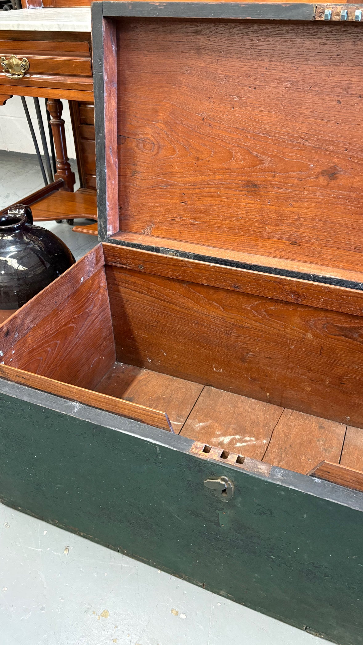 Green vintage wooden carpenters tool chest great coffee table and storage