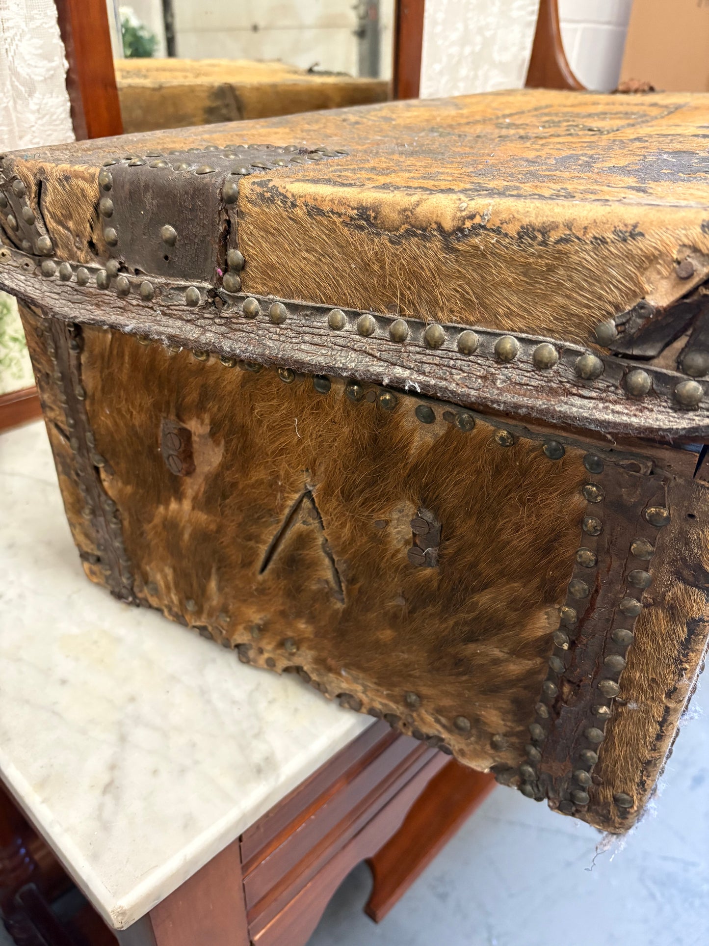 Rare Irish 19th Century Hide covered trunk Stud detail SB Initial